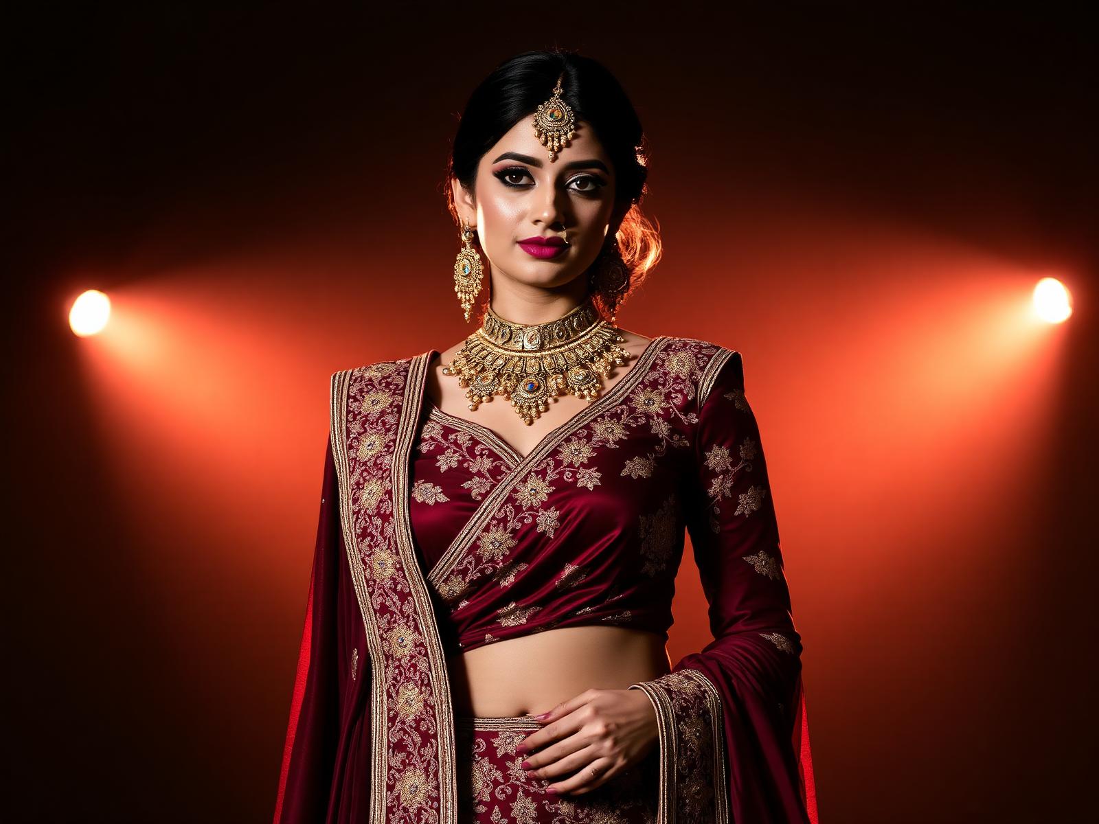 Bride in burgundy lehenga with gold zardosi